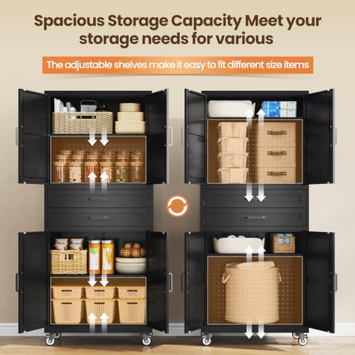 Image of Black Metal Garage Storage Cabinet Rolling Kitchen Storage Pantry Cabinet
