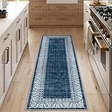 Lahome 2x6 Blue Kitchen Rugs Non Slip Washable,Soft Carpet Runners for Hallway 6ft Bathroom Runner Rug,Vintage Bordered Indoor Rug Runner for Laundry Room Bedroom Entry(2'x6',Blue)