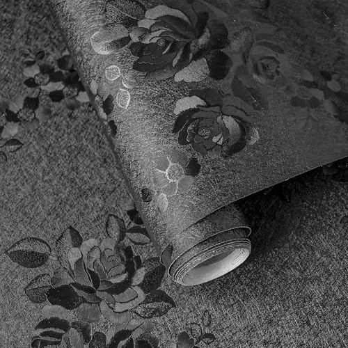Lativo Black Peel and Stick Wallpaper 118inL 17.7inW Black Silk Embossed Floral Contact Paper for Cabinets Drawers Furniture Textured Flower Removable Wallpaper for Kitchen Bathroom Waterproof Thicken