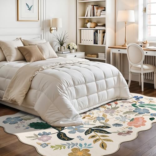 5x7 Living Room Area Rugs: Washable Floral Non-Slip Rug for Bedroom Dining Room Ultra Soft Carpet for Nursery Kitchen Home Office Farmhouse Thin Floor Mat for Teen Girls and Boys Dorms(5x7,Cream)