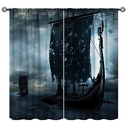 Image of Viking Ship Curtains, Night Scene with Black Vikings Dragon Ship Sailing, Vintage Ancient Scandinavian Nautical Print Blackout Window Drapes for Boys Bedroom Living Room 42x45 Inch
