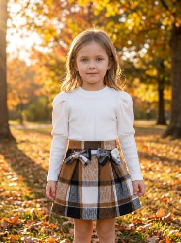 Image of Noubeau Toddler Girls Plaid Outfits Girls Puff Sleeve Knit Ribbed Shirt Tops Plaid Skirt Set Kids Fall Winter Clothes