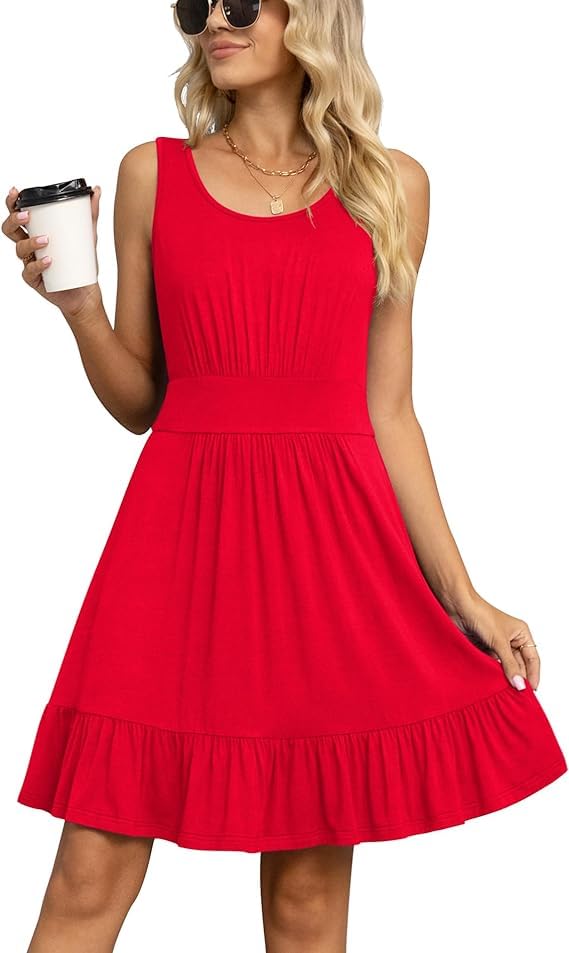 Yommay Damen Sommer Kleider Lässige Mode U-Ausschnitt Kurze Kleid Ärmelloses Strandkleid Elegant Midikleid,Rot,XL