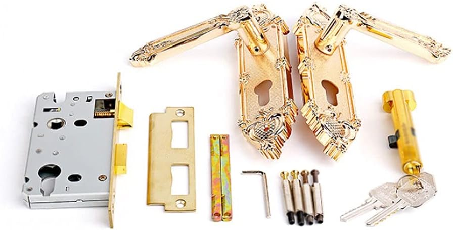 Door Knob Lever Solid Wood Door Lock Door Levers Interior Door Handle with Key Reversible for Right & Left Side for Bedroom Bathroom Door Lock with Handle (Color : Golden Left Inner)