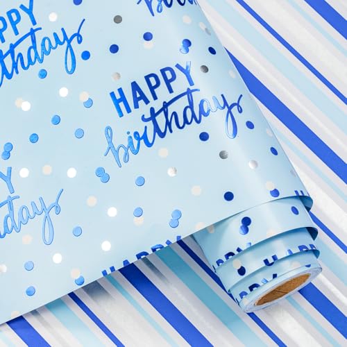 LeZakaa Reversible Blue Birthday Wrapping Paper Roll for Boys Men Happy Birthday Lettering & Stripe Pattern with Metallic Foil in Blue Mini Roll 17 inches x 9.8 Feet