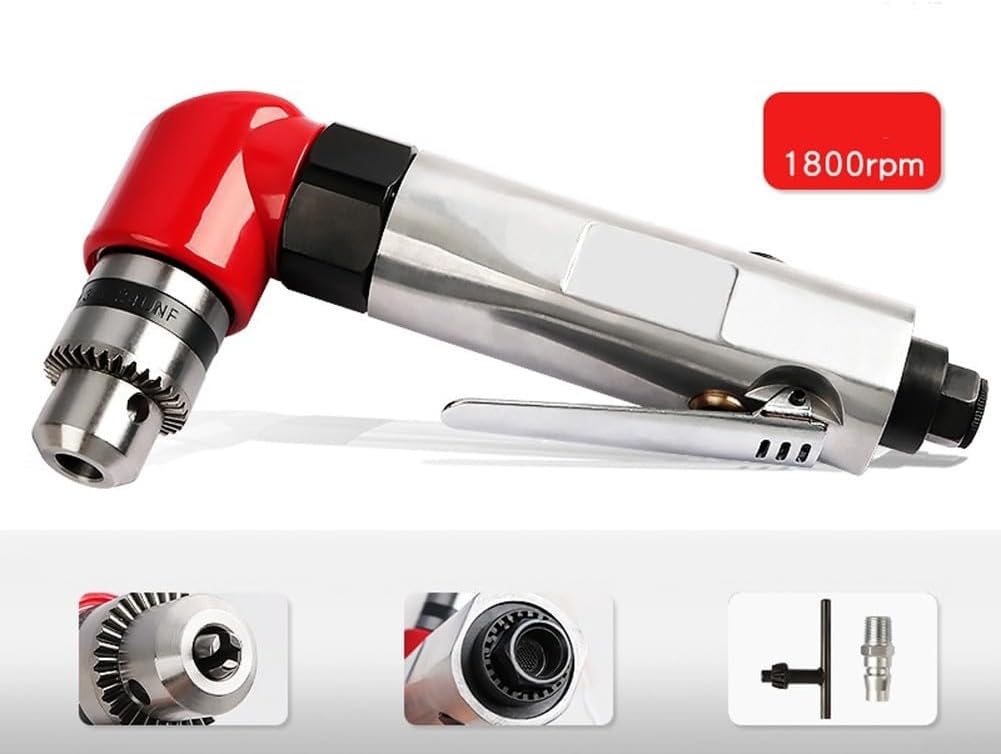 Lightweight Pneumatic Right Angle Drill with 1.5-10mm Chuck, 1800RPM at 90PSI for Drilling in Tight Spaces, Compatible with 1/4 Inch Air Inlet, Alloy Construction