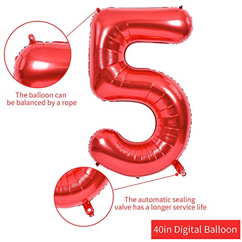 Image of TONIFUL 40 Inch Red Number 5 Balloons Large Foil 5th Birthday Decorations | Red 5 Balloon Number Five for 5th 15th 25th 50th Birthday 5 Year Anniversary, Red Birthday Decor for Men Women Boys Girls