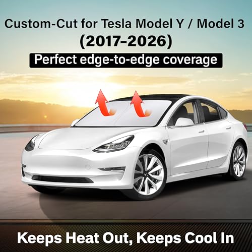 Image of EcoNour Windshield Sun Shade Compatible for Tesla Model Y /Model 3 2017-2026 | SUV /Sedan Front Window Sunshade | Foldable Sun Visor Protector | Blocks UV Rays & Reduces Heat
