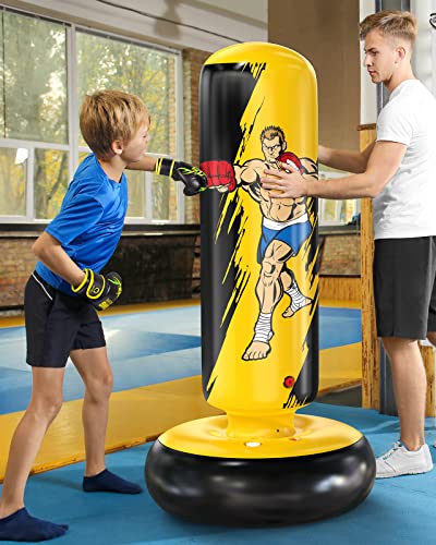 Qpau Punching Bag For Kids, 66" Larger Stable Boxing Bag, Inflatable Kids Punching Bag For 6-12 Years With Boxing Gloves, Gifts For Boys & Girls For Practicing Karate, Taekwondo (Yellow) #TOP4