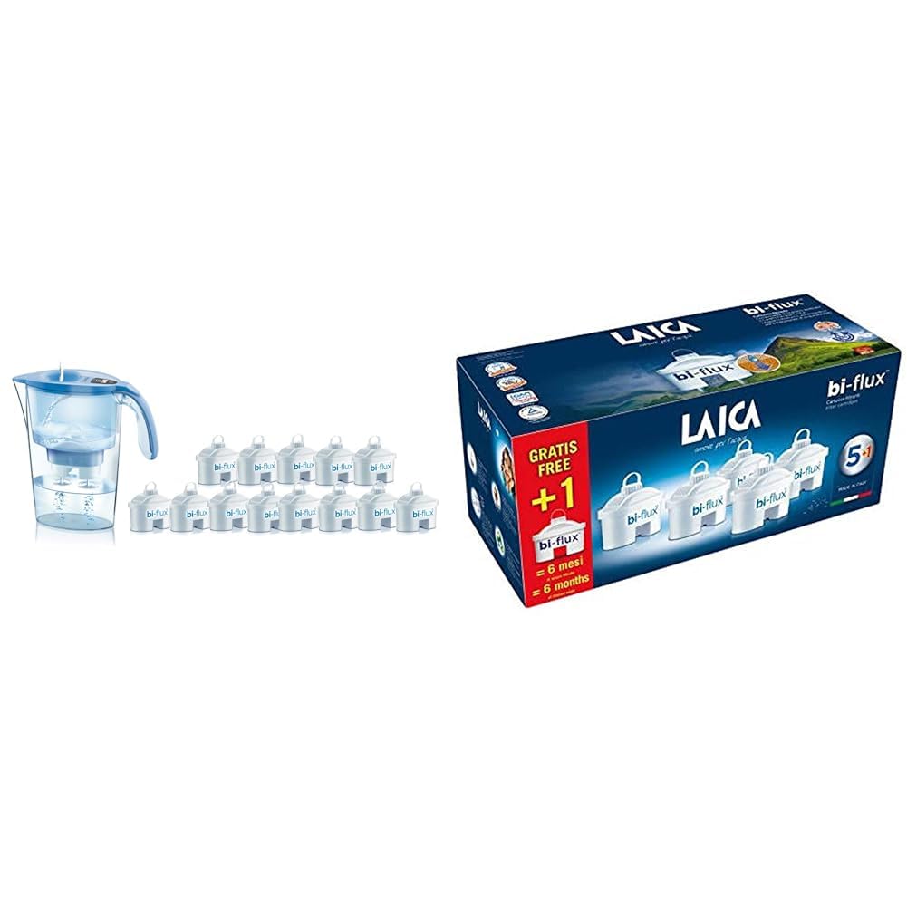 Laica J9074A1 kit 13 filtri bi-flux e caraffa filtrante, 2.3 Litri totali, 1.2 Litri filtrati & Cartuccia filtrante per acqua LAICA Bi-Flux – Preserva i sali minerali riducendo cloro e metalli