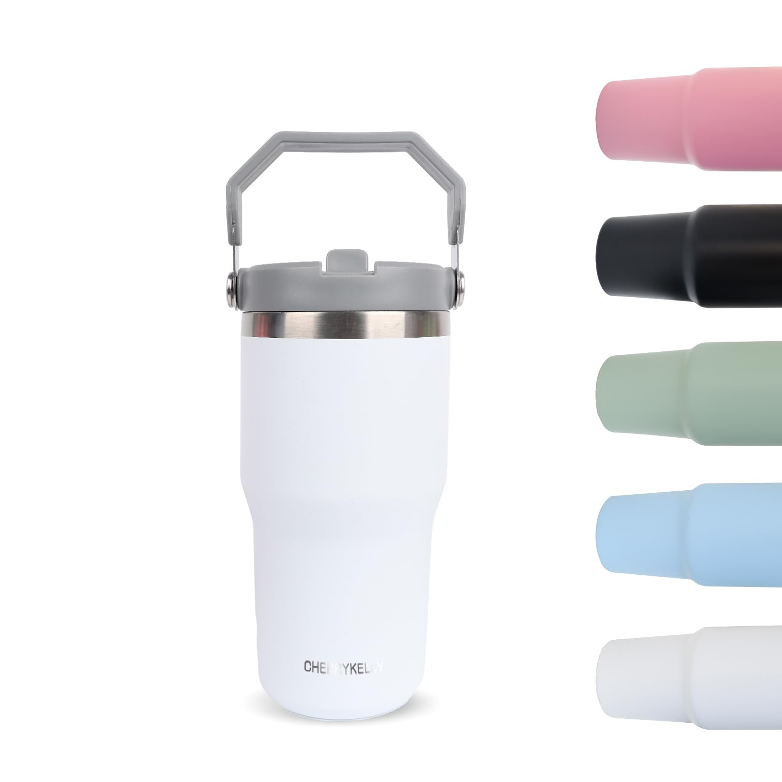 CherryKelly 20oz (550ml) Travel Mug with Handle, Travel Tumbler with Straw Lid, Stainless Steel Vacuum Insulated Coffee Cup, Double Wall Travel Flask Car Mug, Leak Proof Water Bottle - White