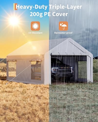 Image of GarveeLife 10x20 ft Portable Garage, Car Port with 200 g PE Tarp Cover, with Front & Rear Roll-Up Doors and 4 Windows, for Temporary Paint Booth, Boats&Pickups Shed, and Event Shelter, White