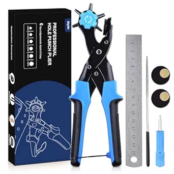 Diyife Alicate Sacabocados para Cinturones y Cuero, Perforador De Cuero para Trabajo Pesado (Juego Completo) Con 2 Placas Adicionales y Regla, Tamaño Múltiple para Manualidades, Tarjetas, Goma, Azul