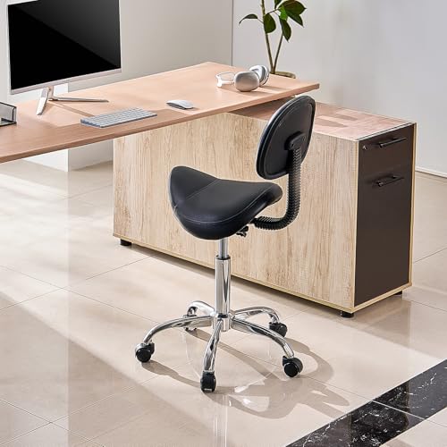 Image of VEVOR Saddle Stool with Back Support and Wheels, 450 LBS Weight Capacity Ergonomic Rolling Stool, Height Adjustable Thickened PU Leather Swivel Saddle Chair for Salon, Spa, Massage, Tattoo, Black