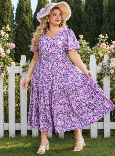 Image of Women's Plus Size Summer Dresses Floral Casual Tiered Midi Dresses V-Neck Short Sleeve Long Maxi Dress with Pockets