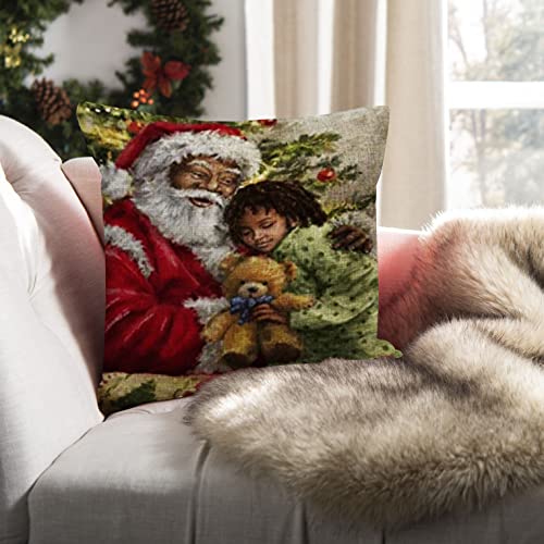 Fjpt Throw Pillow African American/Black Santa With Child Print Decorative Throw Pillow Cover Cotton Linen Pillowcase Cushion Cover For Sofa Bed Couch, Green #TOP3