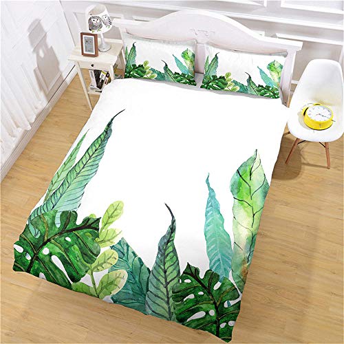 XKSJWY Funda Nórdica Hojas De Plantas Verdes para Niñas Niños Colcha Estampada Juego De Ropa De Cama De Microfibra 3 Pcs : 1 Fundas De Edredón Nórdico 180X220Cm + 2 Fundas De Almohada 50X75Cm Cover