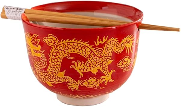 Quality Japanese Ramen Udon Noodle Bowl with Chopsticks Bowl Set 5 Inch Diameter Red Dragon