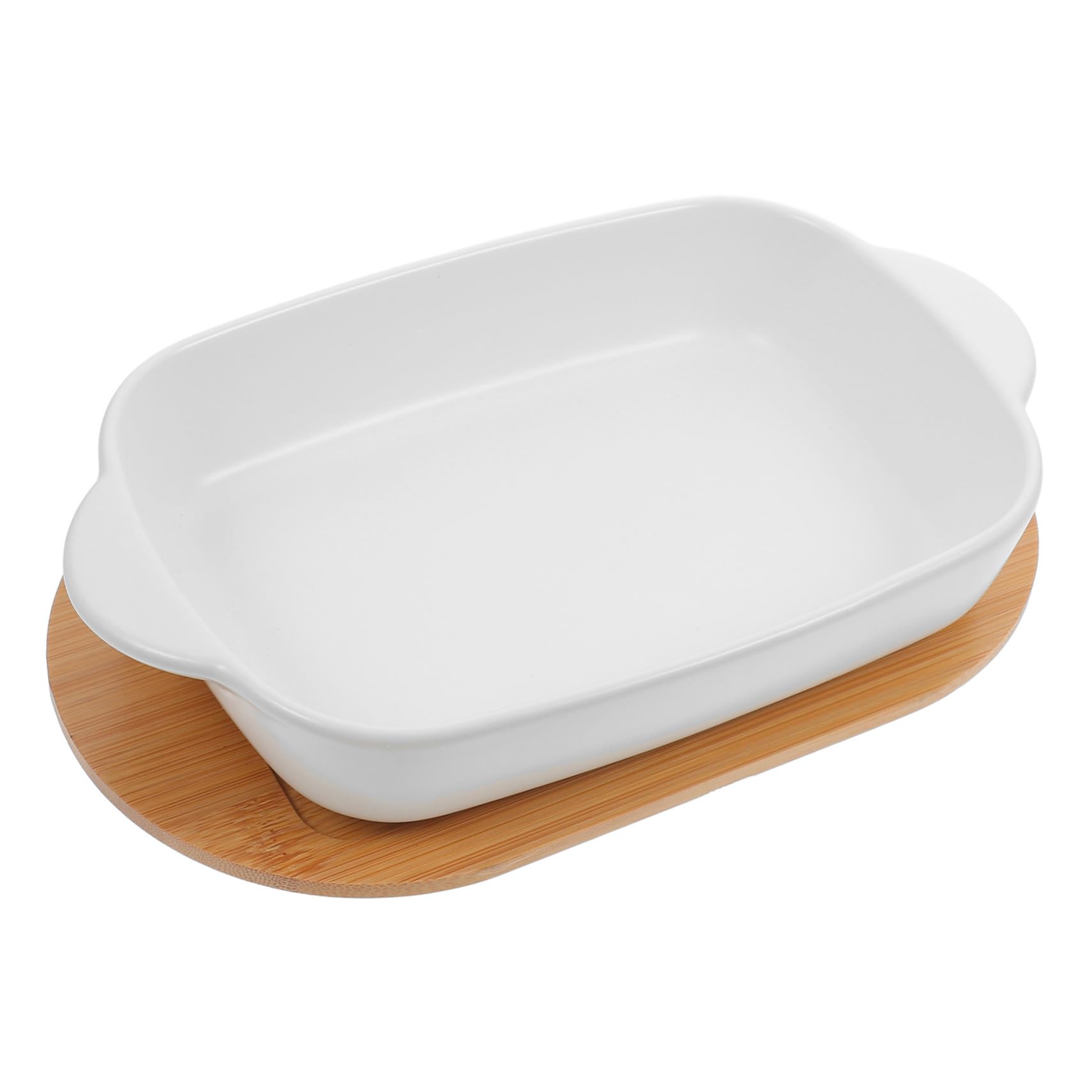 Cabilock Plat à Four Céramique à Double Poignée Plat de Cuisson avec Base Bois Saladier Décoratif pour Salade et Fromage