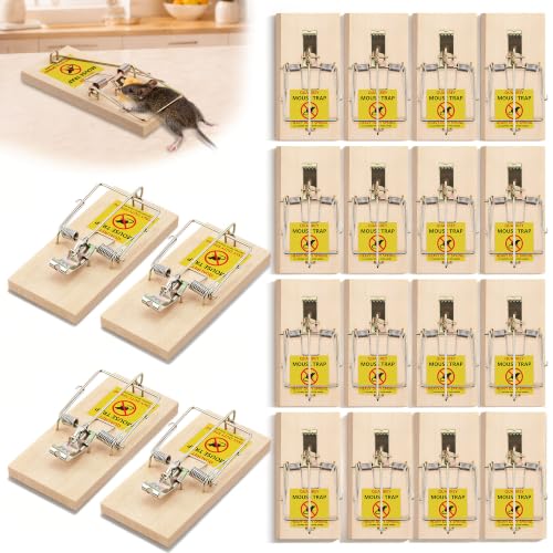 20 Pack Wood Snap Mouse Traps Metal Pedal Snap Trap for Mice with Sensitive Trigger & Powerful Spring for Effective Capture Reusable Mouse Traps Indoor for Home Wooden Mousetrap for Mice & Rodents