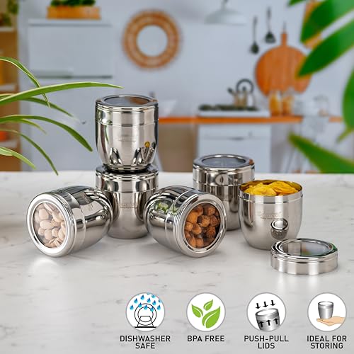 Image of Sumeet Stainless Steel Conical Shape Canisters /Dabba /Storage Containers for Kitchen with See Through Lid, Set of 6 Pcs, 400ml Each, 8.5cm Dia, Silver