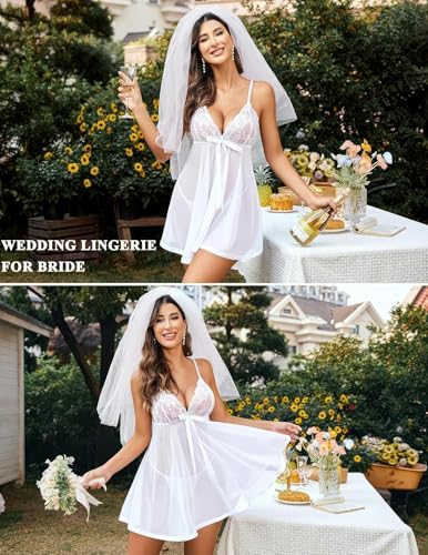 Image of SSoShHub Women's Lingerie Lace Babydoll Strap Chemise Mesh Sleepwear Outfits with G-String