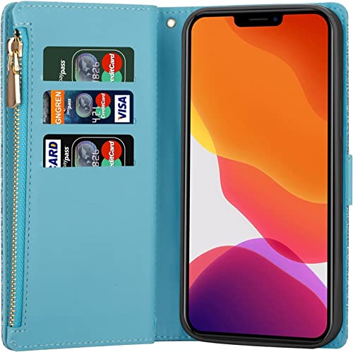 Étui portefeuille iPhone 13 Pro Max bleu avec support magnétique et rabat cuir