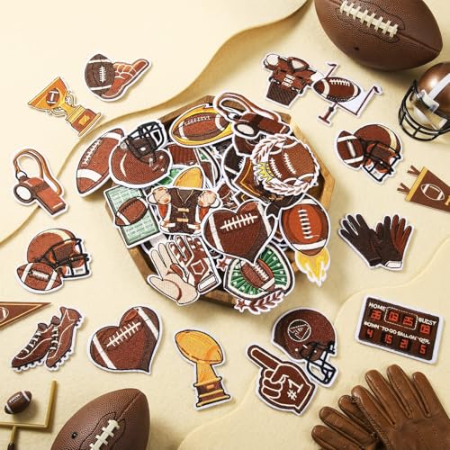Tiamon 60 Pcs Football Iron on Patches Embroidered Rugby Sport Iron on Hat Patch American Football Party Favors Applique Patches for Team Fans Hat Clothes Jeans Jackets Bag Shirt DIY Crafts(Brown)