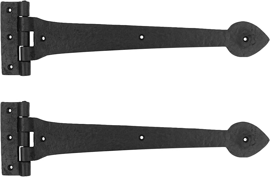 Renovators Supply Manufacturing Strap Hinge 15 in. Black Wrought Iron Spade Tip Strap Gate and Door Hinges with Hardware, Pack of 2