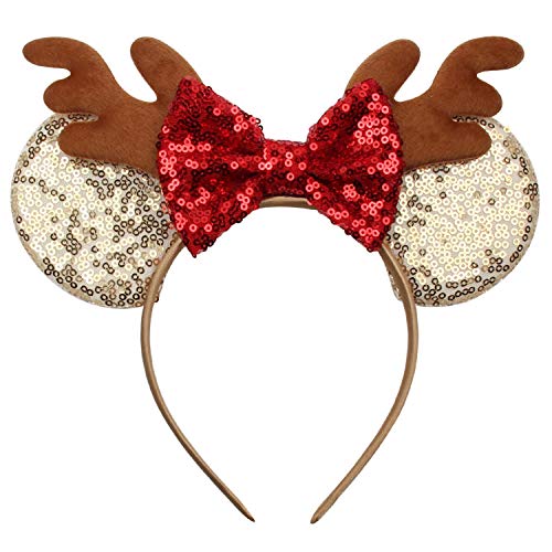 Christmas Headbands,Glitter Reindeer Antlers Headband Hair Accessories for Girls,Sequins Mouse Ears Green Bow Hairband for Women Christmas Party Cosplay Favor Headwear