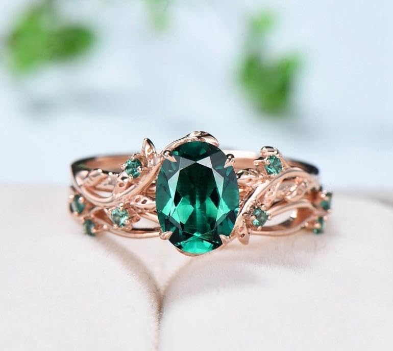 Generic Nature Inspired Leaf emerald wedding ring set unique twig oval cut emerald engagement ring Art deco rose gold Branch anniversary ring4