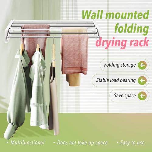Image of ZdwCyl Wall Mounted Clothes Drying Rack 32 inches,Foldbale Laundry Drying Rack Wall Mount,Drying Rack Clothing Space Saver,Retractable,Collapsible,Folding Laundry Rack,White