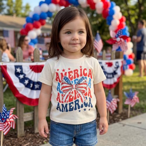 Image of Kids Toddler Girls 4th of July T-Shirt Short Sleeve Patriotic Coquette Bow American Flag Independence Day Top