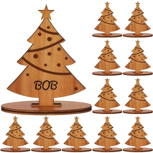 Gulfmew 12 Tarjetas de Lugar Navidad Tarjeta de Lugar de Mesa de Madera Tarjeta de Asiento Decoración de Mesa Festiva de Nombre de Invitados de Navidad con Rotulador(Árbol de Navidad,3,74 x 2,76'')