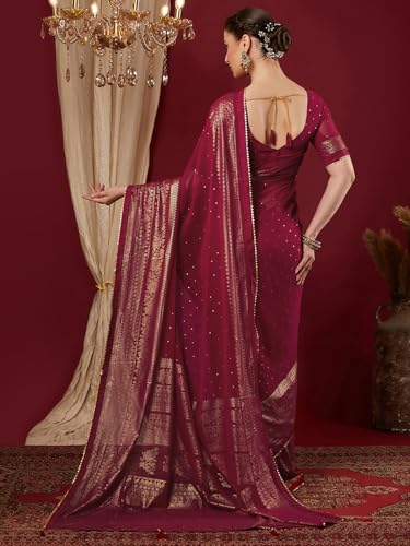 Image of SAMAH Women's Georgette Foil Printed Lace Work Saree with Unstitched Blouse Piece