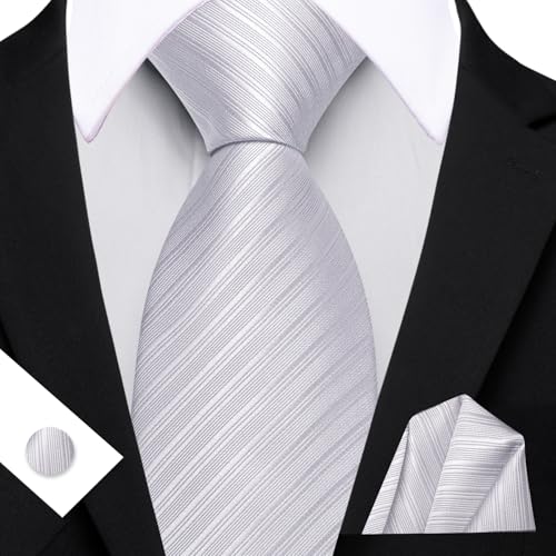 Image of Barry.Wang Solid Striped Tie for Men Silk Necktie Pocket Square Cufflinks Formal Wedding Party Business
