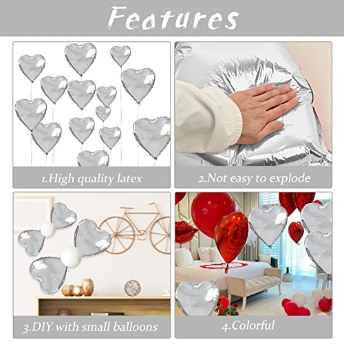 Image of Biapian Silver Heart Balloons, 10PCS Valentines Balloons 18inch Love Foil Balloons for Helium Birthday Decorations for Valentines Day, Wedding, Birthday, Baby Shower