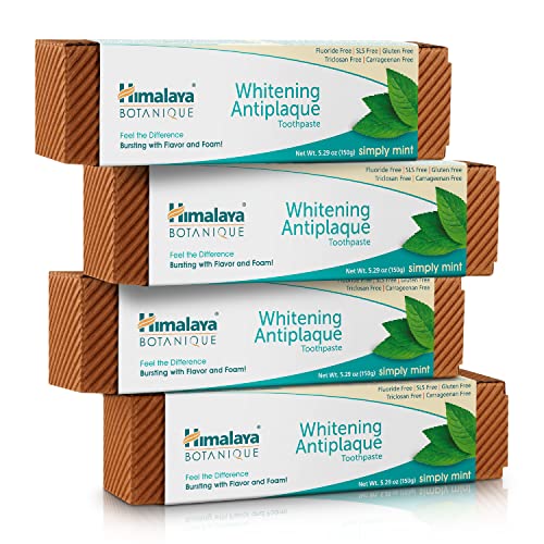 Himalaya Botanique Whitening Complete Care Toothpaste, Teeth Whitening, Fights Plaque, Fluoride Free, No Artificial Flavors, SLS Free, Cruelty Free, Foaming, Simply Mint Flavor, 5.29 Oz, 4 Pack