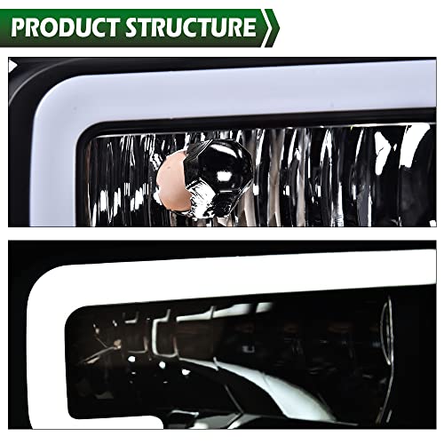Image of GRAND ORANGE LED Pair Headlights Assembly W /Harness, Compatible with Ford F250 F350 F450 F550 2005 2006 2007, Fit Ford Excursion 2005, Smoky Lens Black Housing Clear Reflector, faros delanteros