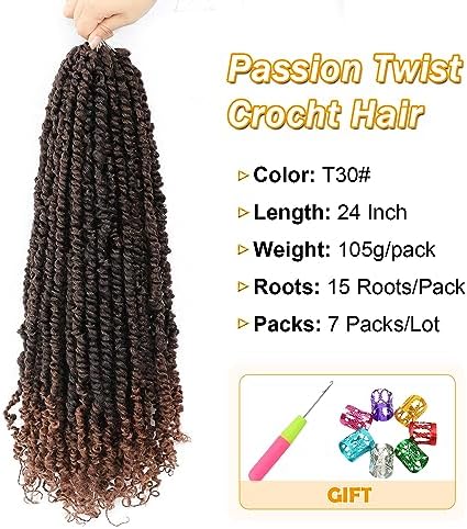 Karida Passion Twist Hair 24 inch, 7 Packs Passion Twist Crochet Hair Pre Looped, Pre Twisted Passion Twist Curly Crochet Hair For Black Women (24 Inch (Pack of 7), T30#)