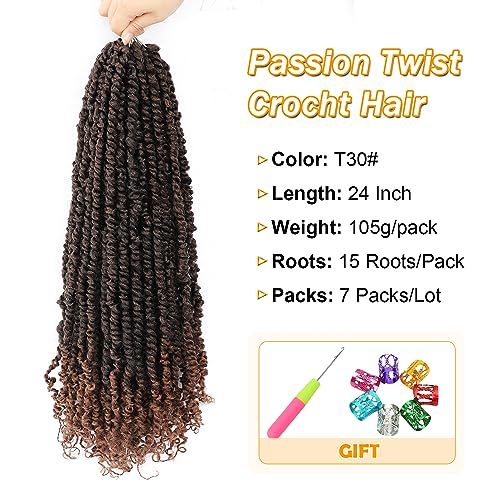 Karida Passion Twist Hair 24 inch, 7 Packs Passion Twist Crochet Hair Pre Looped, Pre Twisted Passion Twist Curly Crochet Hair For Black Women (24 Inch (Pack of 7), T30#)