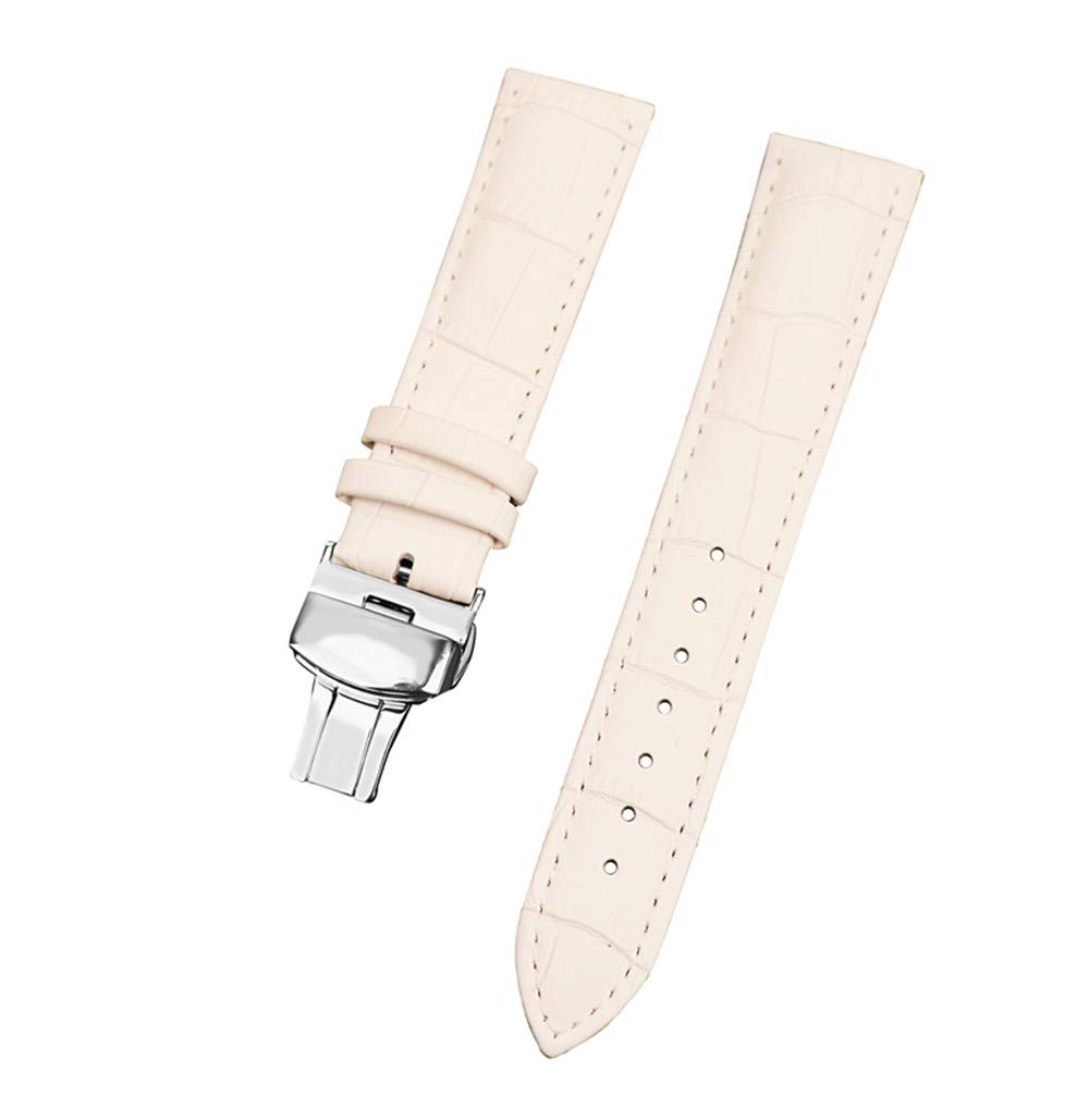 Genuine Leather Watch Strap Band Belts with Butterfly Deployment Push Button Clasp Polished Buckle, White, 22mm, Modern