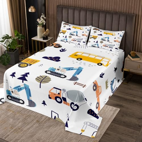 Trucks Bedspread Twin Size,Excavator Loader Crane Bedding Coverlet for Kids Teens Bedroom Decor,Machinery Vehicle Cartoon Cars Bedding Set 2Pcs,1 Pillowcase