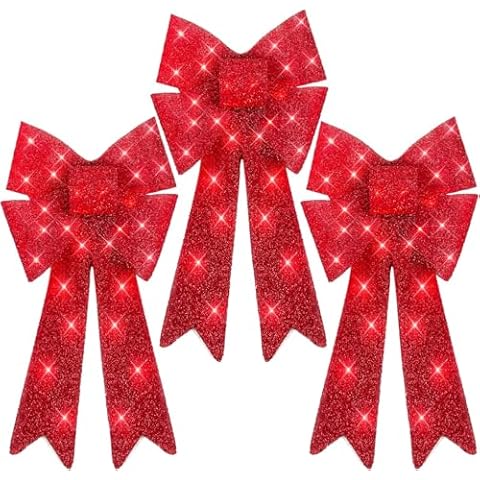 Pre-Lit Large XL Christmas Bow Decoration, Large Outdoor LED Holiday Yard Décor w/ 30 Lights, 8 Light Functions, Timer, Hanging Hook (Red) Cover
