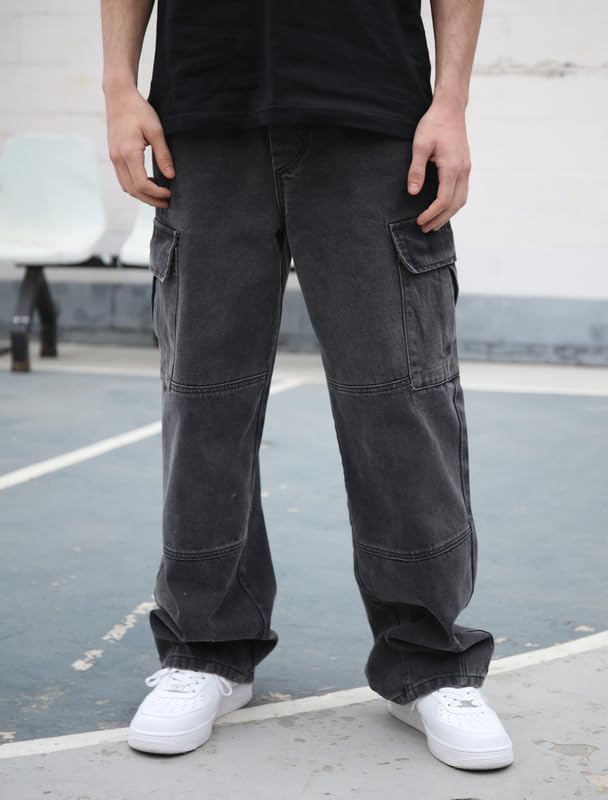 Mens Baggy Cargo Jeans Wide Leg Hip Hop Jeans Streetwear Loose Fit Denim Pants2
