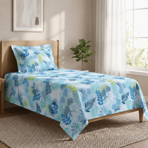 Image of LANE LINEN Symphony | 100% Cotton Sheet Set | Soft & Breathable Fabric | 2 Piece (1 Bedsheet + 1 Pillow Cover) | Single Bed Sheet Set - Pacific Blue Leaf Print