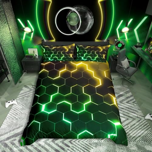 Homewish Parure de lit 3 pièces jaune et verte pour enfants et adultes, motif géométrique en nid d'abeille, housse de couette hexagonale moderne, motif...