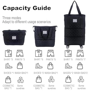 Borsa da viaggio con ruote, borsa da viaggio pieghevole di grande capacità, espandibile con ruote rimovibili, borsa Weekender da viaggio con scomparto bagnato per sport, fitness, viaggi, Nero , Borsa