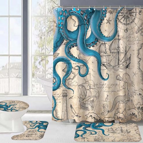 Fungarth 4 Pcs Vintage Nautical Octopus Shower Curtain Set with Rug Retro Coastal Bathroom Sets with Waterproof Shower Curtain and Non Slip Memory Foam Rugs Toilet Lid Cover Bath Mat Decor with Hook - Image 7