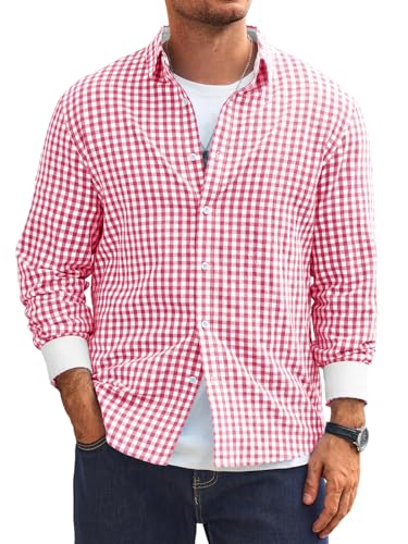 Runcati Camisa de hombre a cuadros de manga larga para el tiempo libre, corte regular, camisa tradicional Oktoberfest, con botones, sin planchado, camiseta informal, Rosa., XL